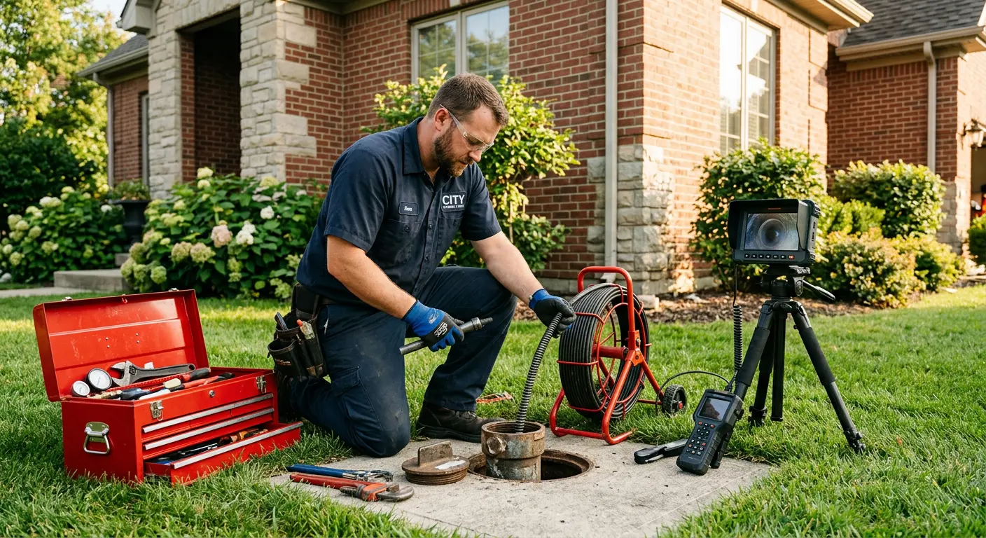 Sewer specialist with camera equipment servicing a cleanout in Norman