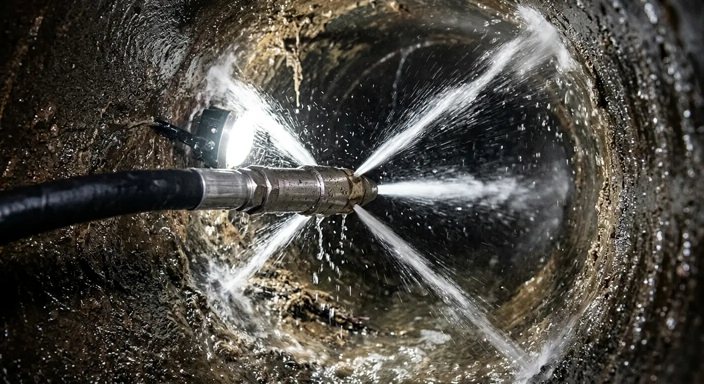 High-pressure hydro jetting nozzle cleaning sewer pipe for Trenchless Sewer Repair in Norman