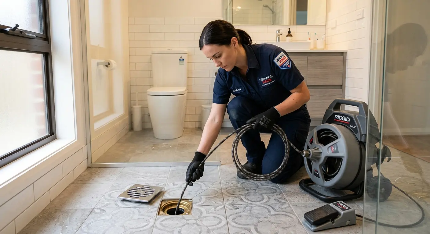 Technician clearing a bathroom floor drain for Sewer Line Installation in Norman